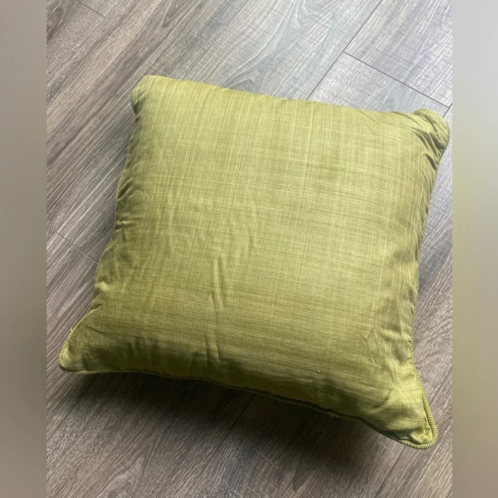Crate & Barrel pillow cover in olive green and 16 inch pillow (feather filled)